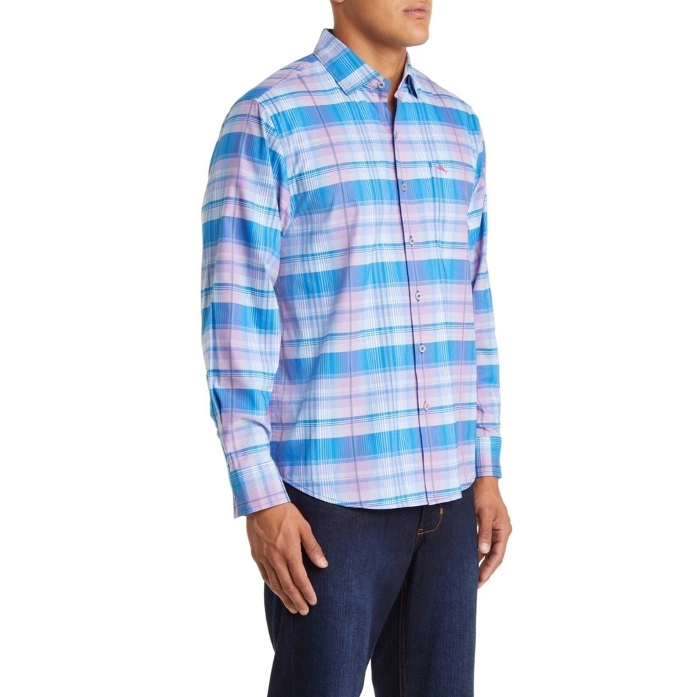 Tommy‎ Bahama Sarasota Stretch Plaid Long Sleeve Button Up Shirt XXL Blue Aster